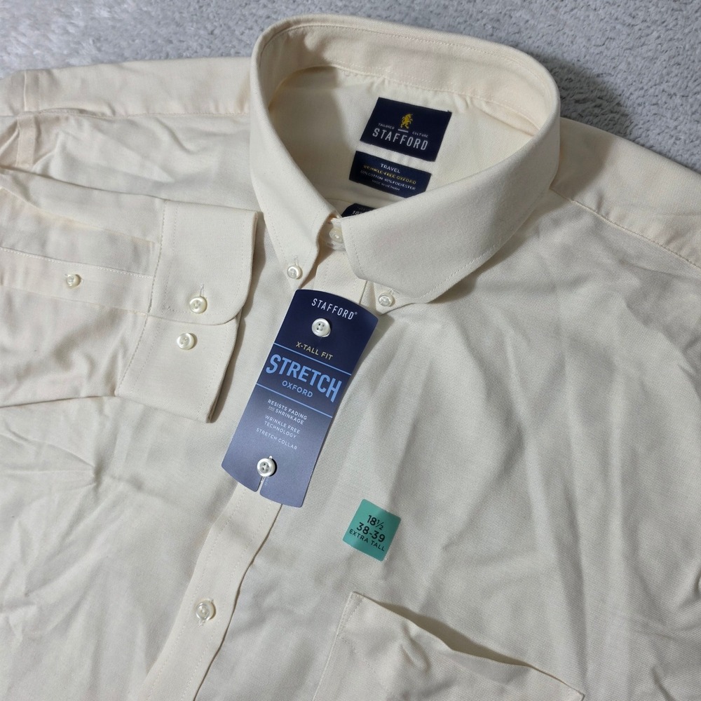 NEW Stafford Button Down Mens 18.5 38-39 Ecru Stretch L/S Travel Oxford Shirt